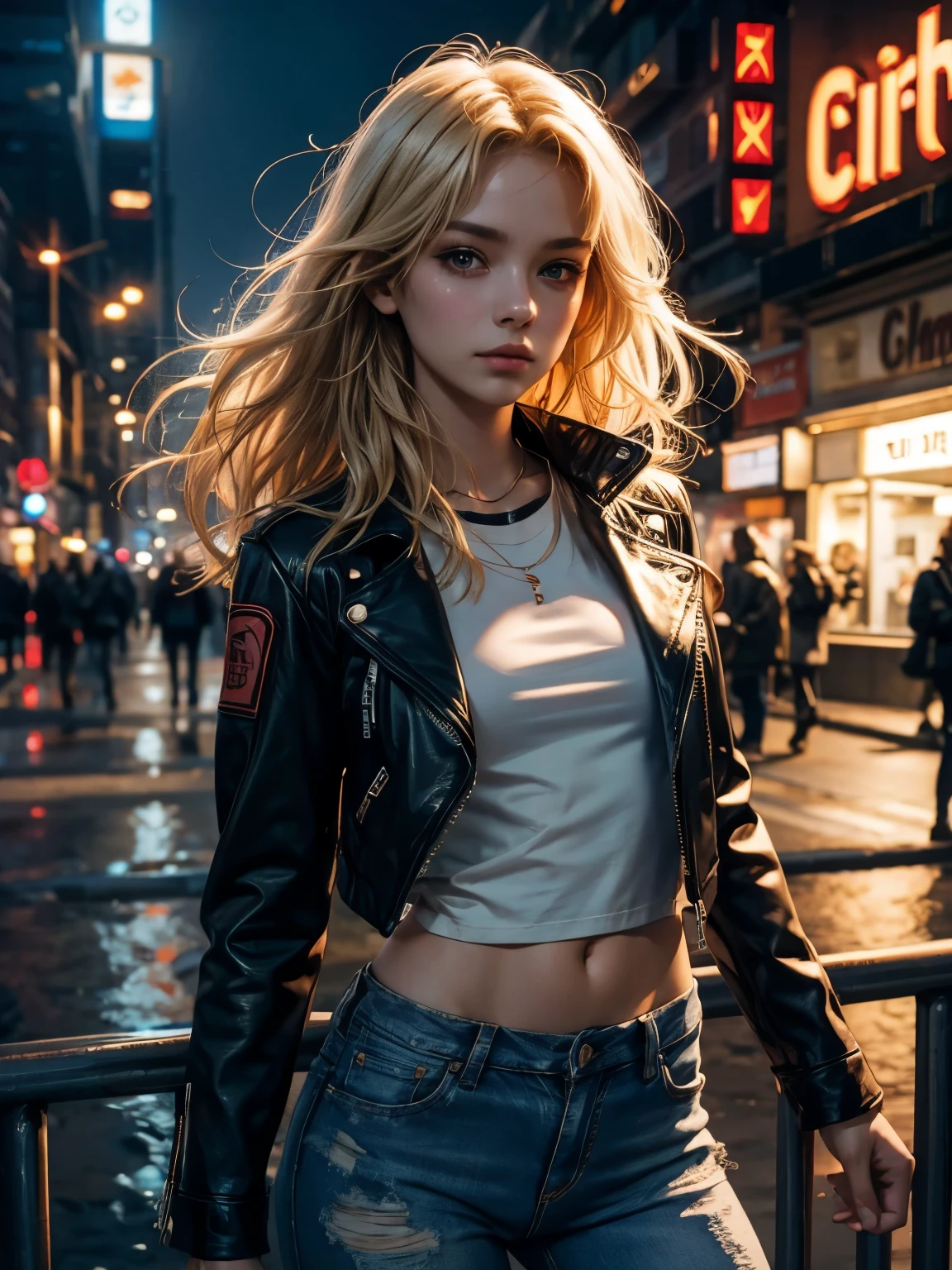 Une fille aux cheveux blonds courts et ondulés , mèches blondes et rouges , 15 ans , jeans dechirer, t-shirt blanc transparent , (veste de cuir ) , (silhouette mince , petite poitrine) , mince, ville la nuit , Les néons se reflètent dans l&#39;eau, Surréalisme