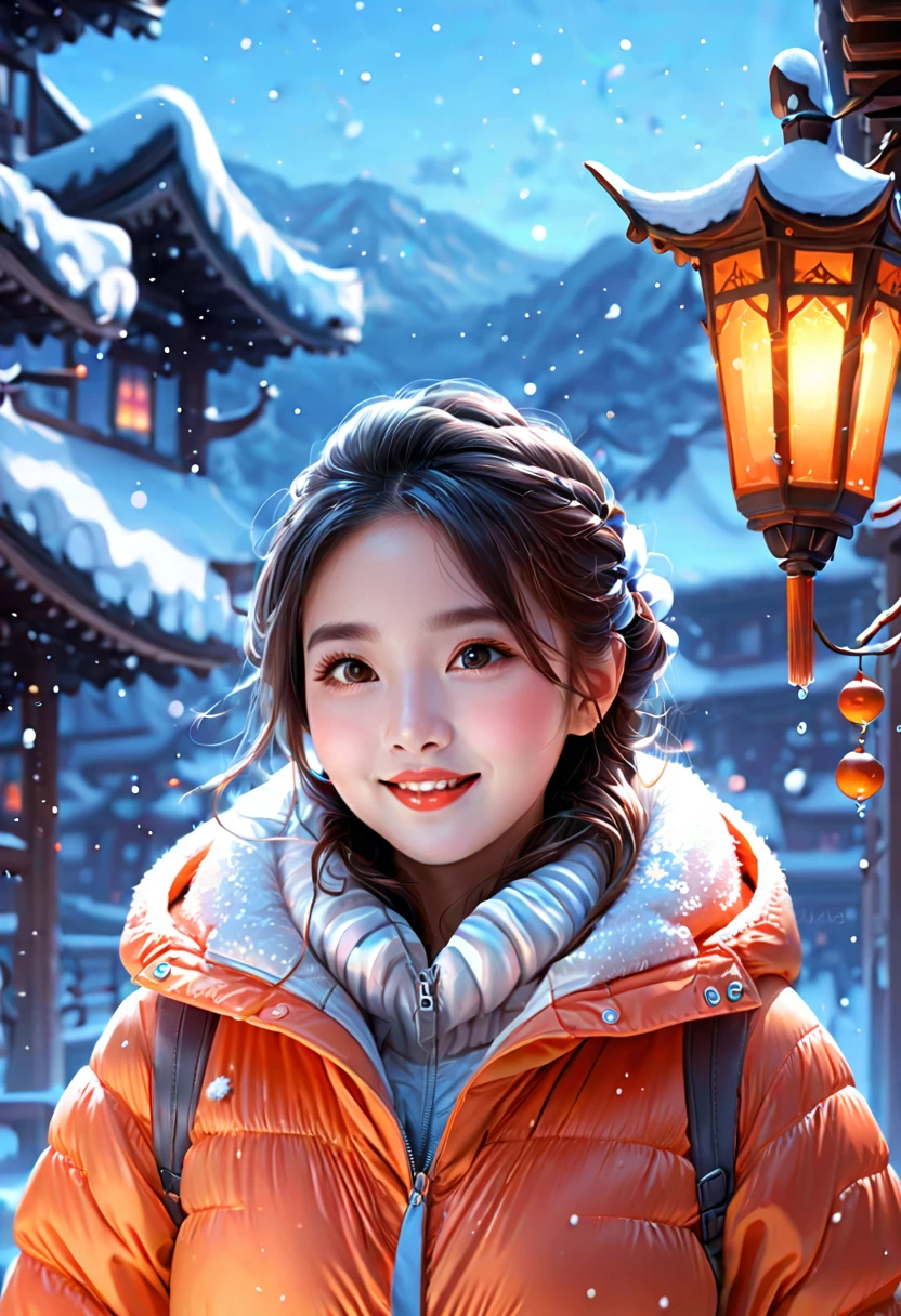 (panoramic:1.5), An imaginative and detailed illustration of a fantasy female friend, depicted as a cute and beautiful girl. Her face is lit up with a happy smile, and she is fashionably dressed in a bright orange puffer jacket. The setting is a magical ice sculpture world, with an icy, snowy landscape filled with snowflakes. The girl is a blend of wisdom, beauty, and diligence, representing a sweet and ideal character. The image is created with creative flair, showcasing the girl enjoying herself in this enchanting, frosty environment, embodying a sense of joy and wonder, , (花卉水彩画:1.5)，(超高饱和度, 色彩明亮鲜艳:1.5), (nsfw), (正面看着观众:1.5), (解剖学正确，准确完美的韩国女性脸部特征:1.5)