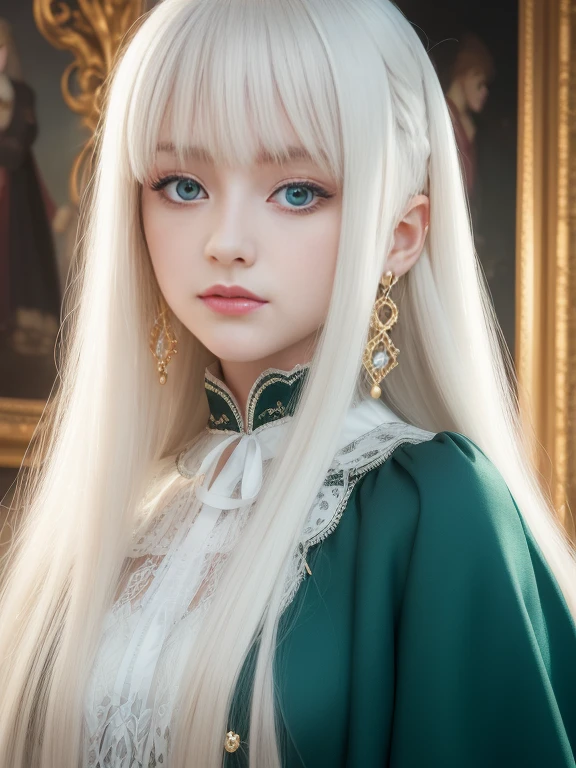 A white blonde doll with long hair and earrings,closeup of face，ssmile，adolable，Dark emerald and light aquamarine style, 32k ULTRAHD, nostalgic paintings, charming anime characters, Beautiful women, Light gold and magenta, Baroque grandeur