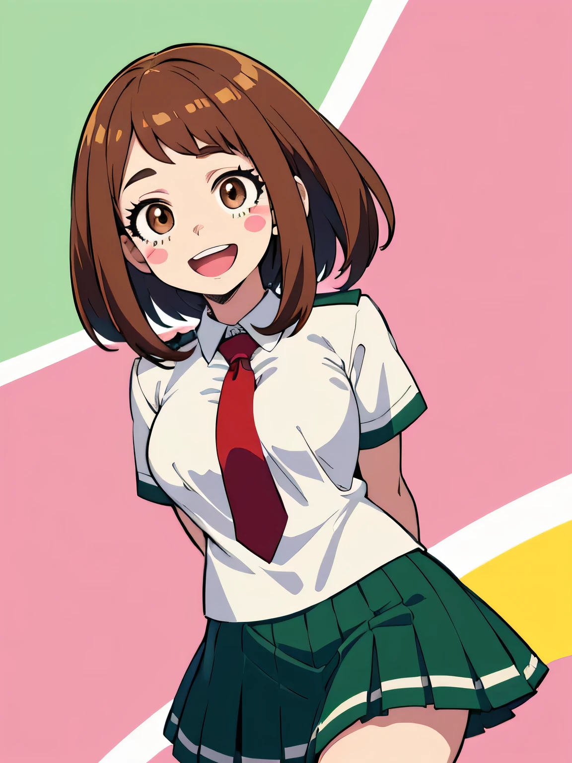 , ochako uraraka,,brown eyes,  , 1girl, (red necktie, school uniform, short sleeves,white shirt, green skirt), abstract background, smile :D, blush stickers, medium shot, arms behind back, busty, 