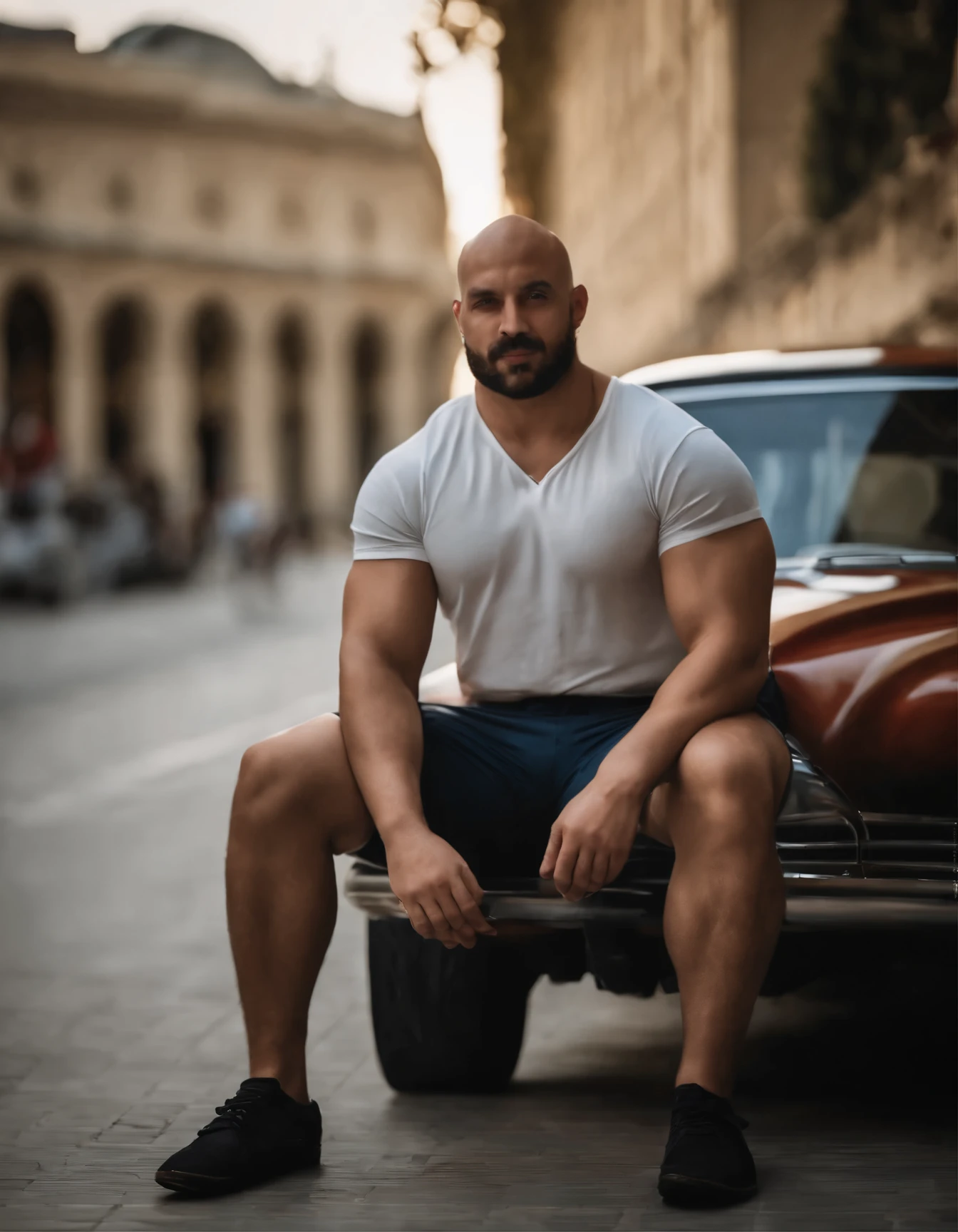 Arafed man sitting on the hood of a car in a city - SeaArt AI