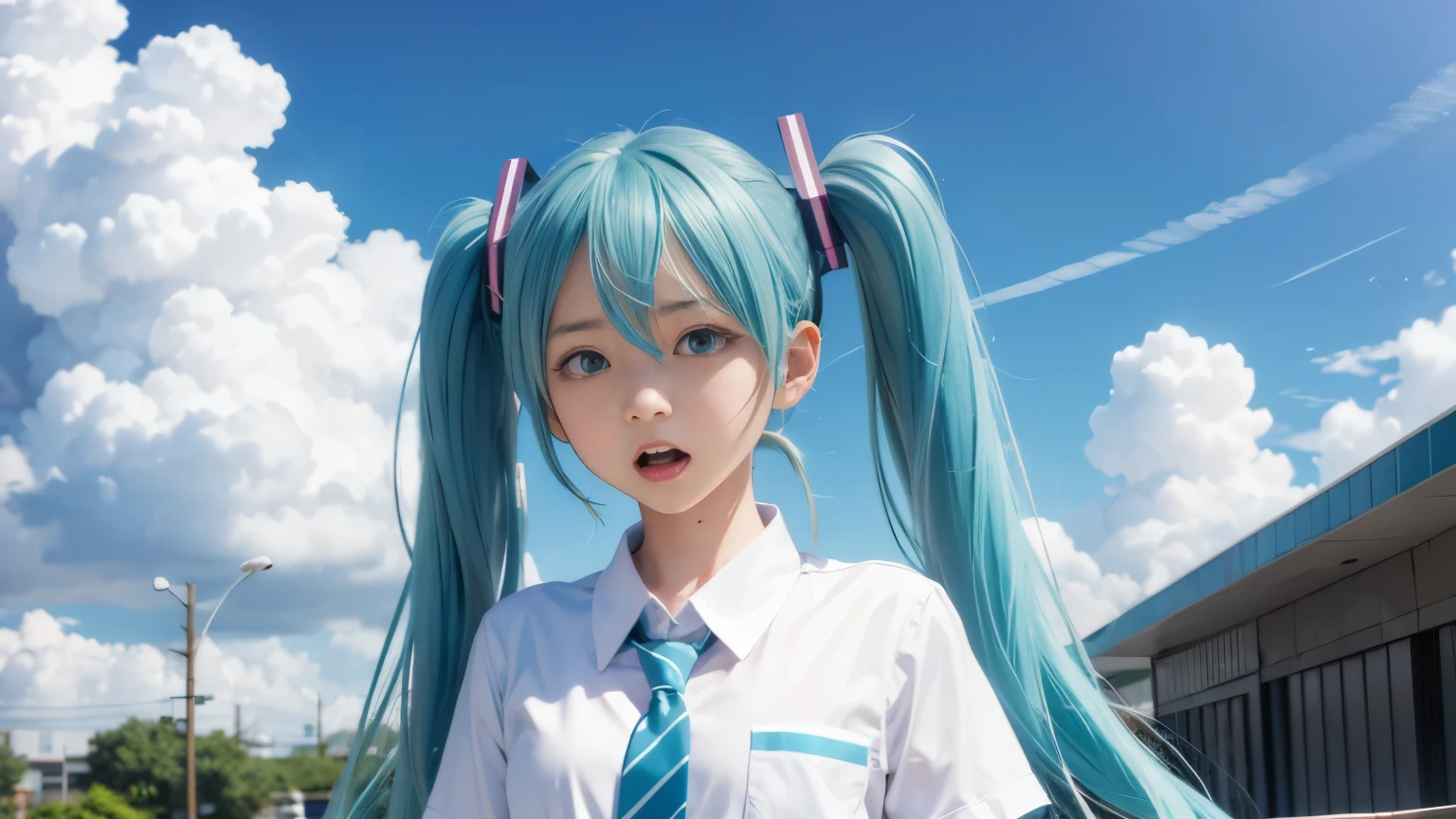 Hatsune Miku、summer sky、cumulonimbus、School uniform、angry face