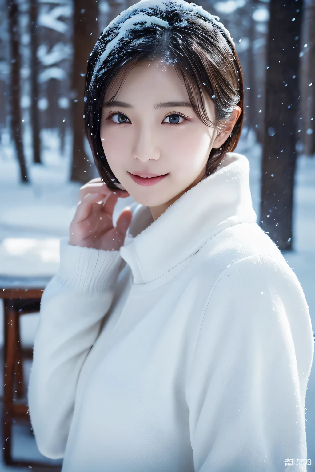 1 girl, (White winter clothes:1.2), Beautiful Japan actress,
(RAW photo, highest quality), (realistic, Photoreal:1.4), (table top), 
very delicate and beautiful, very detailed, 2k wallpaper, wonderful, finely, very detailed CG Unity 8K 壁紙, Super detailed, High resolution, 
soft light, beautiful detailed girl, very detailed目と顔, beautifully detailed nose, beautiful and detailed eyes, cinematic lighting, 
winter forest snowfall landscape,  snow is falling rapidly, There&#39;wood々There is a lot of snow on, 
perfect anatomy, slender body, small, short hair, smile