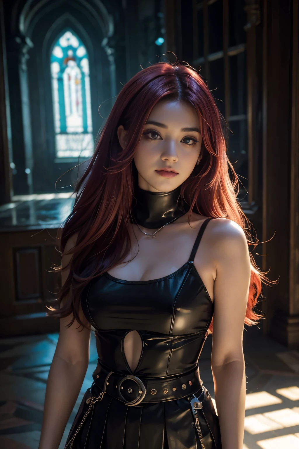 uma mulher com cabelo vermelho, mulher cyberpunk mulher, um lugar escuro, Deusa cyberpunk raivosa bonita, estilo de arte cyberpunk, arte digital de anime cyberpunk, arte de anime cyberpunk,, fotorrealismo, menina, Blossom, com cabelos ruivos, vestido vermelho, olhos azuis, brilhante, Florpunk, samuraipunk, iridescente, bioluminescente, tatuagempunk, Hyper - Detalhado Vibrant Cinematic Raking Light, atordoante, garota de cabelo vermelho, Subsurface scattering, garota de cabelo vermelho, cabelo vermelho, garota de cabelo vermelho, garota bonita, Ambient occlusion, chromatic aberration, 8k, Sozinha, gothic skirt, olhos azuis, girl in front of a mansion/floresta, garota com pose de modelo, usa fones de ouvido, Magic Air, Cabelo longo, aura magica, fantasmas, ela usa Saia plissada, Camisa preta, Interior ((Caustic)), dynamic angle, Lindo brilho detalhado, todo o corpo, luz neon, Pirotecnia, girl in front of a mansion/floresta, garota com pose de modelo, usa fones de ouvido, garota de cabelo mechas coloridas no cabelo. Luzes cintilantes em volta da garota, esfera cintilantes, uma garota na floresta, esfera de luz, magical aura Supernatural, hora Sobrenatural, magic aura magic