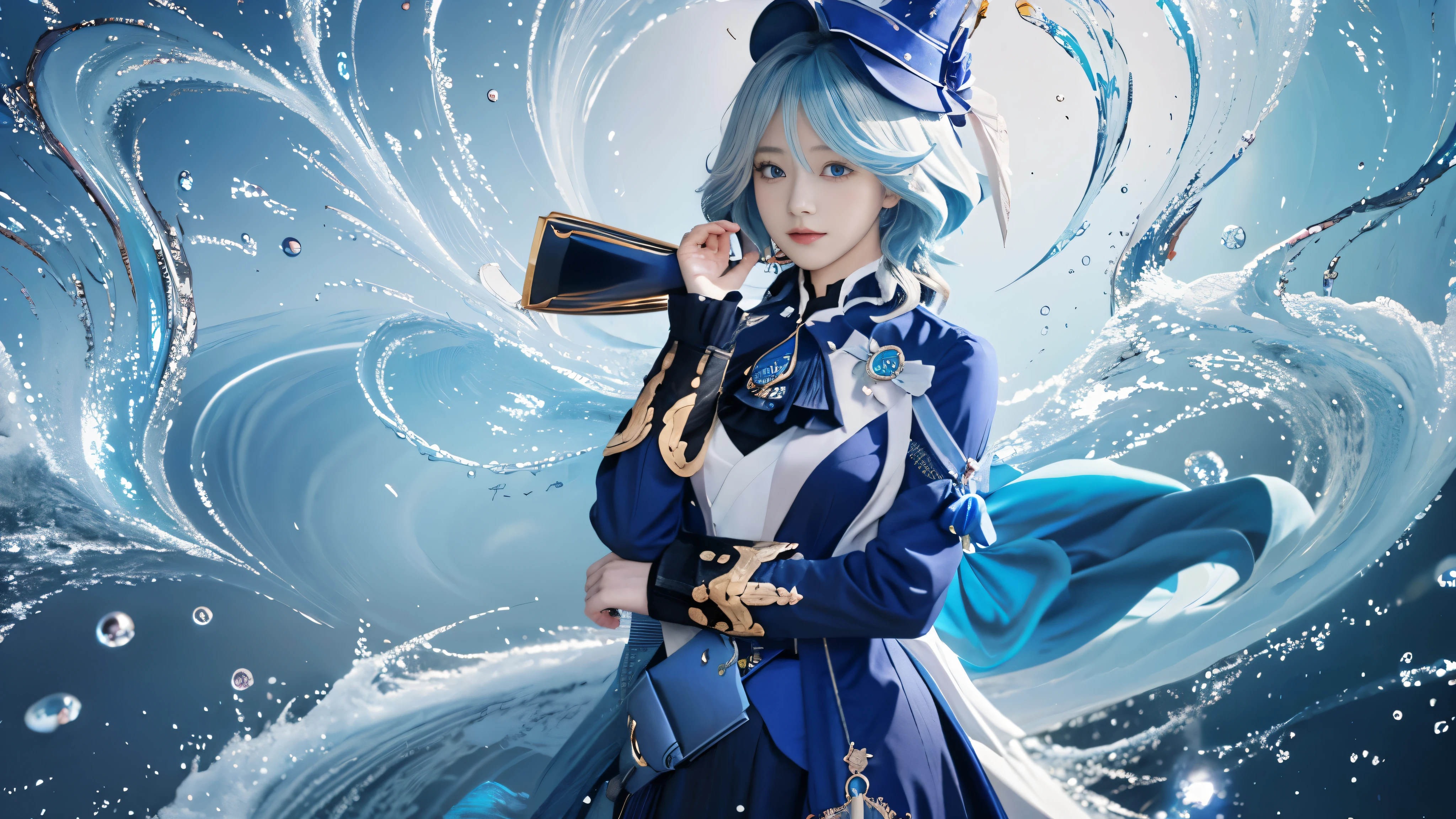 anime girl in blue dress with a blue hat and a blue dress, splash art anime loli, lunar themed attire, cushart krenz key art feminine, trending on artstation pixiv, beautiful celestial mage, keqing from genshin impact, crystalline skin, wallpaper anime blue water, queen of the sea mu yanling, astral witch clothes, genshin