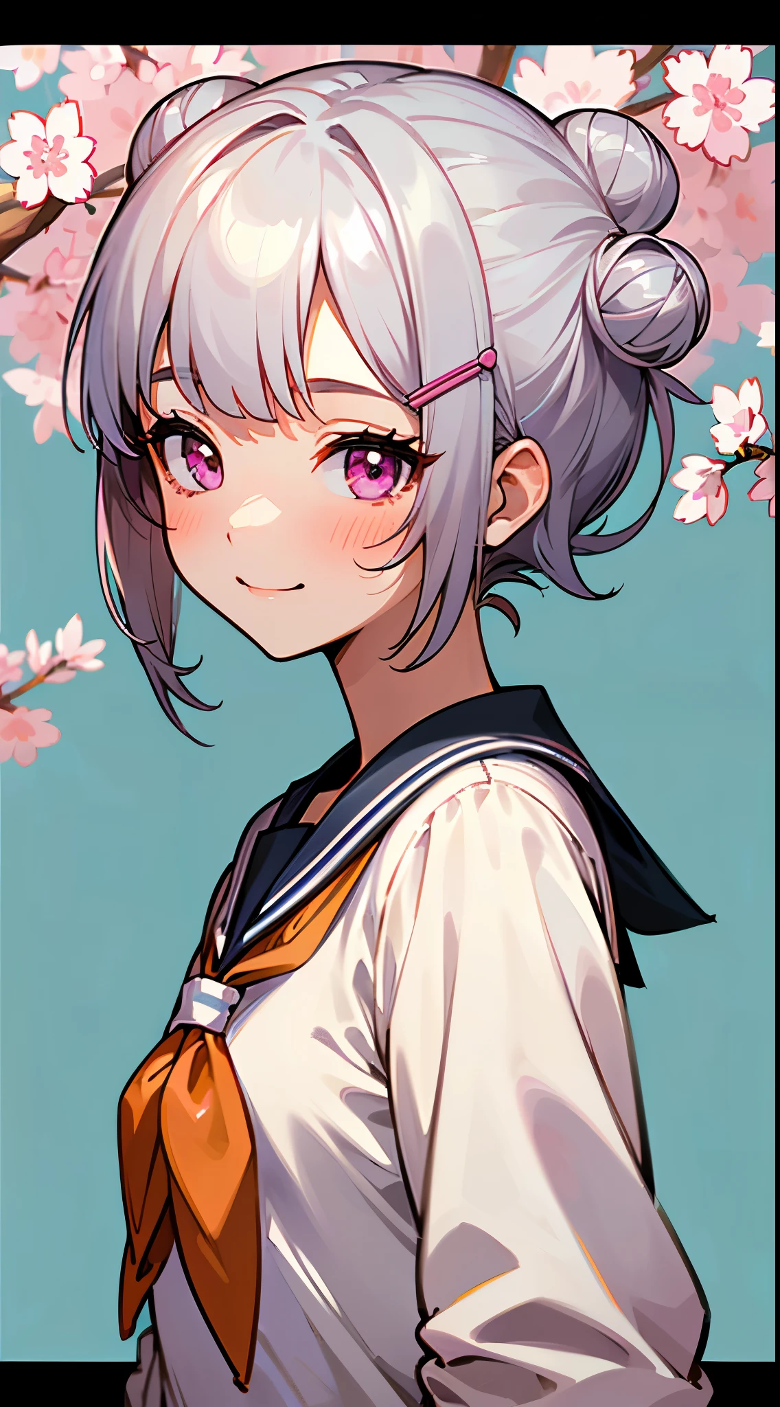 (highest quality、High resolution:1.2)、Silver-haired schoolgirl、Short silver bob hair tied into a bun with a hair clip、pink eyes、blush、smile、From the side、turn your arms behind your back:1.2、Upper body close-up、sailor school uniform、Sakura Park、sharp outline、tomboy、boyish、highest quality、masterpiece