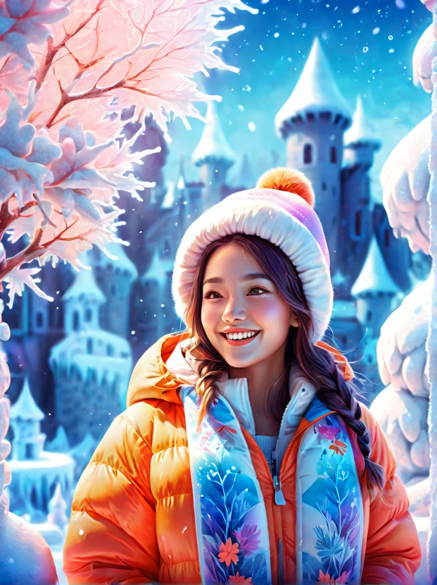 (panoramic:1.5), An imaginative and detailed illustration of a fantasy female friend, depicted as a cute and beautiful girl. Her face is lit up with a happy smile, and she is fashionably dressed in a bright orange puffer jacket. The setting is a magical ice sculpture world, with an icy, snowy landscape filled with snowflakes. The girl is a blend of wisdom, beauty, and diligence, representing a sweet and ideal character. The image is created with creative flair, showcasing the girl enjoying herself in this enchanting, frosty environment, embodying a sense of joy and wonder, (Floral watercolor: 1.1), (Ultra high saturation, bright and vivid colors: 1.5), (nsfw), (Facing the viewer: 1.5)