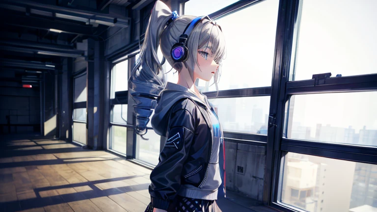 Teenage girl with drill ponytail, wearing black hoodie and medium length skirt, blue eyes, grey background, wearing headphones, nervous