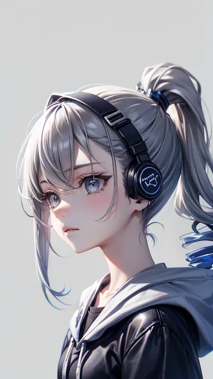 teenage girl with drill ponytail, wearing black hoodie and medium length skirt, blue eyes, grey background, wearing headphones, ...