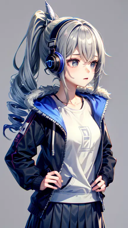 teenage girl with drill ponytail, wearing black hoodie and medium length skirt, blue eyes, grey background, wearing headphones, ...