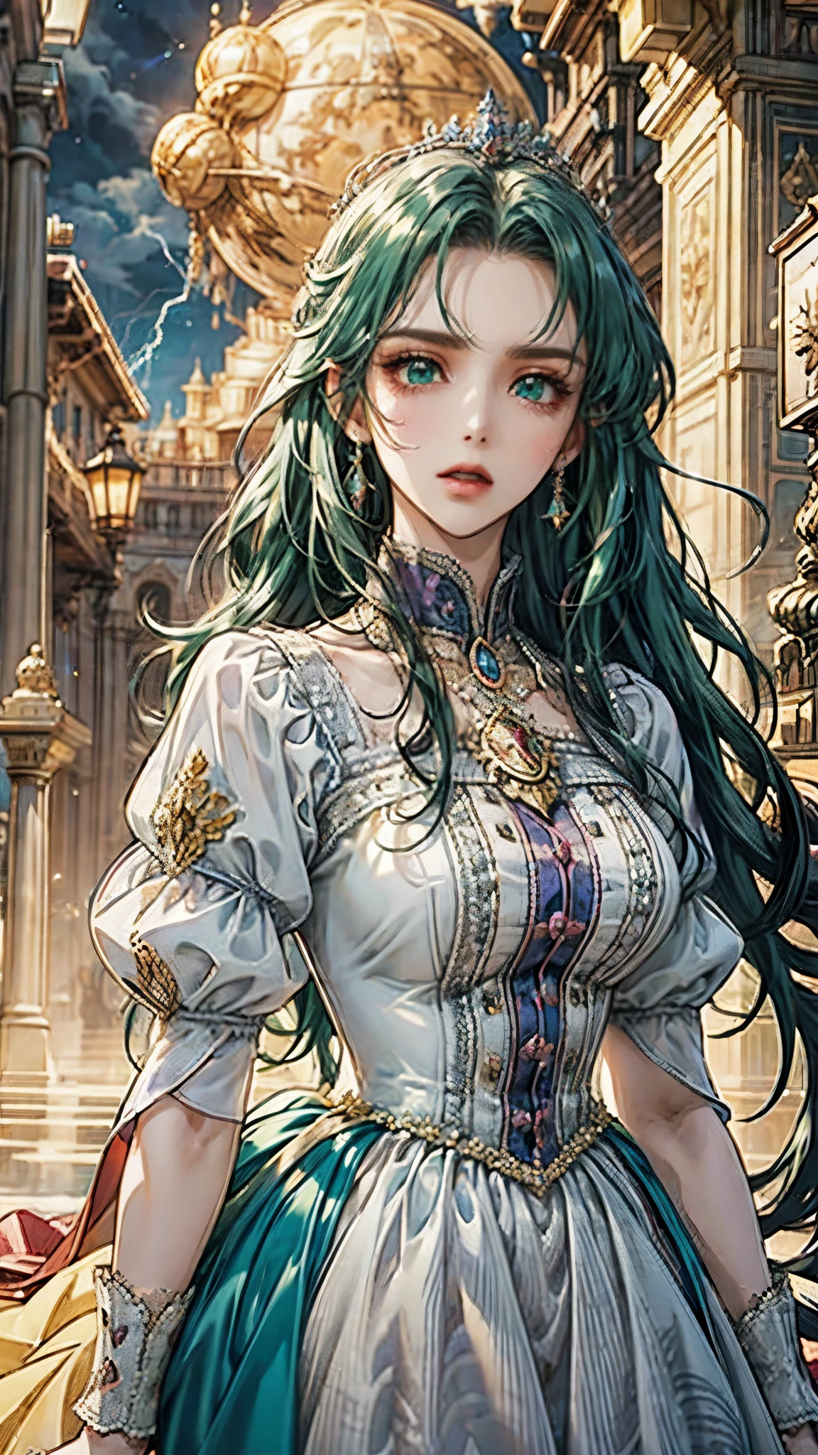 masterpiece, 1girl, Extremely beautiful, amazing face and eyes, extremely detailed beautiful face, SLIGHTLY LONG CHIN), (best quality:1.4), 90s retro anime style, extremely high quality and detail, Thunderous Princess of Jupiter commands with strength and dignity. Her gown is a tapestry of stormy colors - deep GREEN AND PURPLE, accented with silver, resembling the sky during a thunderstorm.

Her crown, inspired by Jupiter's laurel wreath, is adorned with gemstones symbolizing thunderbolts, emphasizing her control over the skies. Her hair and eyes echo the dark clouds and lightning of a tempest.

She resides in a grand palace on one of Jupiter's moons, surrounded by Roman-style architecture. Her rule is just and wise, echoing the authority and power of Jupiter, the god of thunder and the sky.

The Thunderous Princess is a symbol of awe and leadership, combining Jupiter's mythological grandeur with the planet's commanding presence. dark green hair. lots of thunder