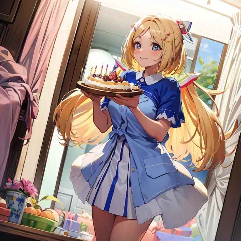 Pekora Usuda, Feminine room environment, low pervert smile, Sunset Ambient, Holding a birthday cake, stand, Low angle dynamic vi...