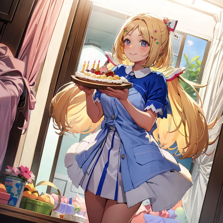 Pekora Usuda, Feminine room environment, low pervert smile, Sunset Ambient, Holding a birthday cake, stand, Low angle dynamic vi...