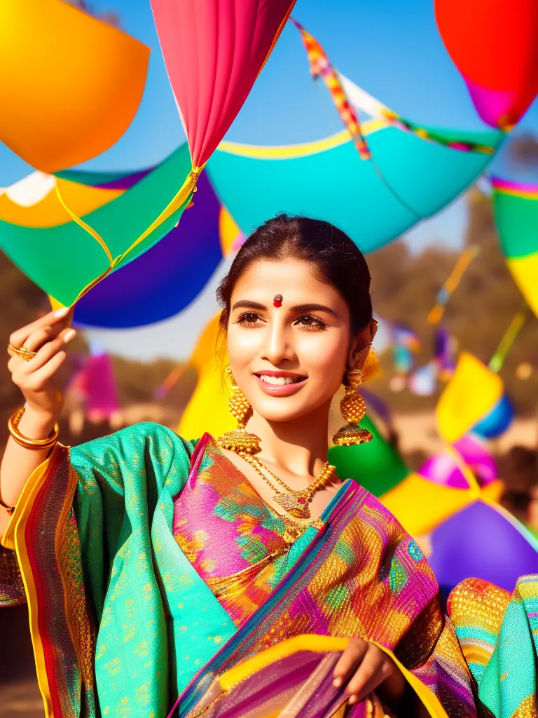 Write a prompt to make a template to wish Happy Makar Sakranti, also includes sweets, kites and a beautiful well textured women ...