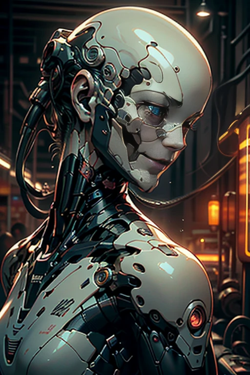 Top Qualität, Meisterwerk, ultrahohe Auflösung, ((fotorealistisch: 1.4), RAW-Foto, 1 Cyberpunk android girl, ((Porträt)), Glänzende, glänzende Haut, schwarzer Totenkopf untere Gesichtshälfte, (hyperrealistisch detailliert)), Durchsichtiger Kunststoff bedeckt mechanische Gliedmaßen, An mechanischen Teilen befestigte Rohre, mechanische Wirbel, die an der Wirbelsäule befestigt sind, mechanische zervikale Befestigung am Hals, Drähte und Kabel zum Anschluss an den Kopf, Evangelion, ((Geist in der Muschel)), Leuchtendes kleines Licht, globale Beleuchtung, tiefe Schatten, Oktan-Rendering, 8K, ultrascharf, Metall, Aufwendige Ornamentdetails, Barock detailliert, sehr komplexe Details, realistisches Licht, CGSoation trend, Mit Blick in die Kamera, Neonlicht-Details, (Android-Produktionsanlage im Hintergrund), Kunst von H.r. Giger and Alphonse Mucha.