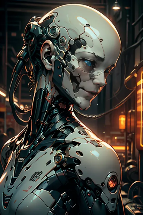 top quality, masterpiece, 超高分辨率, ((photorealistic: 1.4), raw photo, 1 cyberpunk android girl, ((portrait)), glossy glossy skin, ...