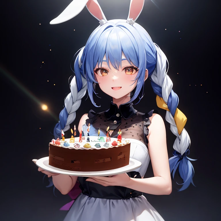  Bunny girl, blue hair, twin braids, girl, alone, {{masterpiece}}, highest quality, Highly detailed CG Unity 8K wallpaper, cinematic lighting, Lens flare, beautiful detailed eyes, side line, colorful light, particle, (colorful:1.5), (colorful hair:1.5),(smile),(cake),(birthday)