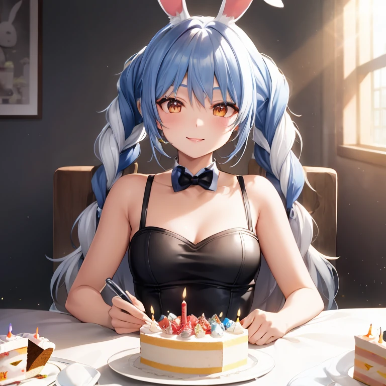  Bunny girl, blue hair, twin braids, girl, alone, {{masterpiece}}, highest quality, Highly detailed CG Unity 8K wallpaper, cinematic lighting, Lens flare, beautiful detailed eyes, side line, colorful light, particle, (colorful:1.5), (colorful hair:1.5),(smile),(cake),(birthday)