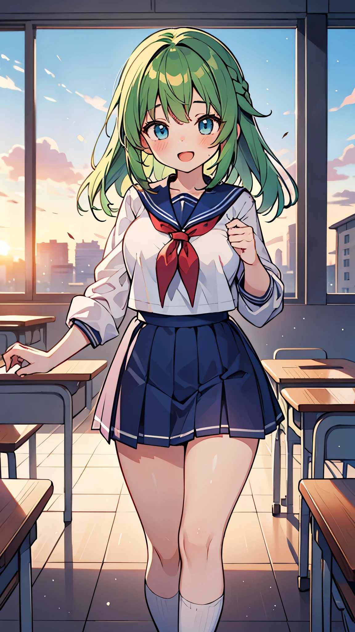 Anime girl in school uniform standing in a classroom with desks SeaArt AI