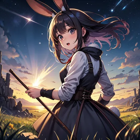 (((Pixel perfect, Perfect details))), alone, woman with rabbit ears，Outdoor style，sight。grassland、starry sky，Wild survival style...
