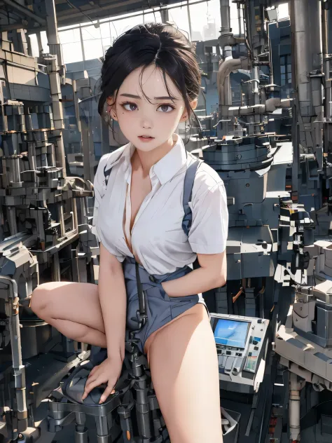 work clothes, (drooping eyes, realistic skin, round face, light-makeup), aerial angle, panties, (straddling to hit her crotch on exposed pipe), open legs, raise leg, masturbation, ecstasy, (in the factory, machines, monitors, control panels), ceiling glass...