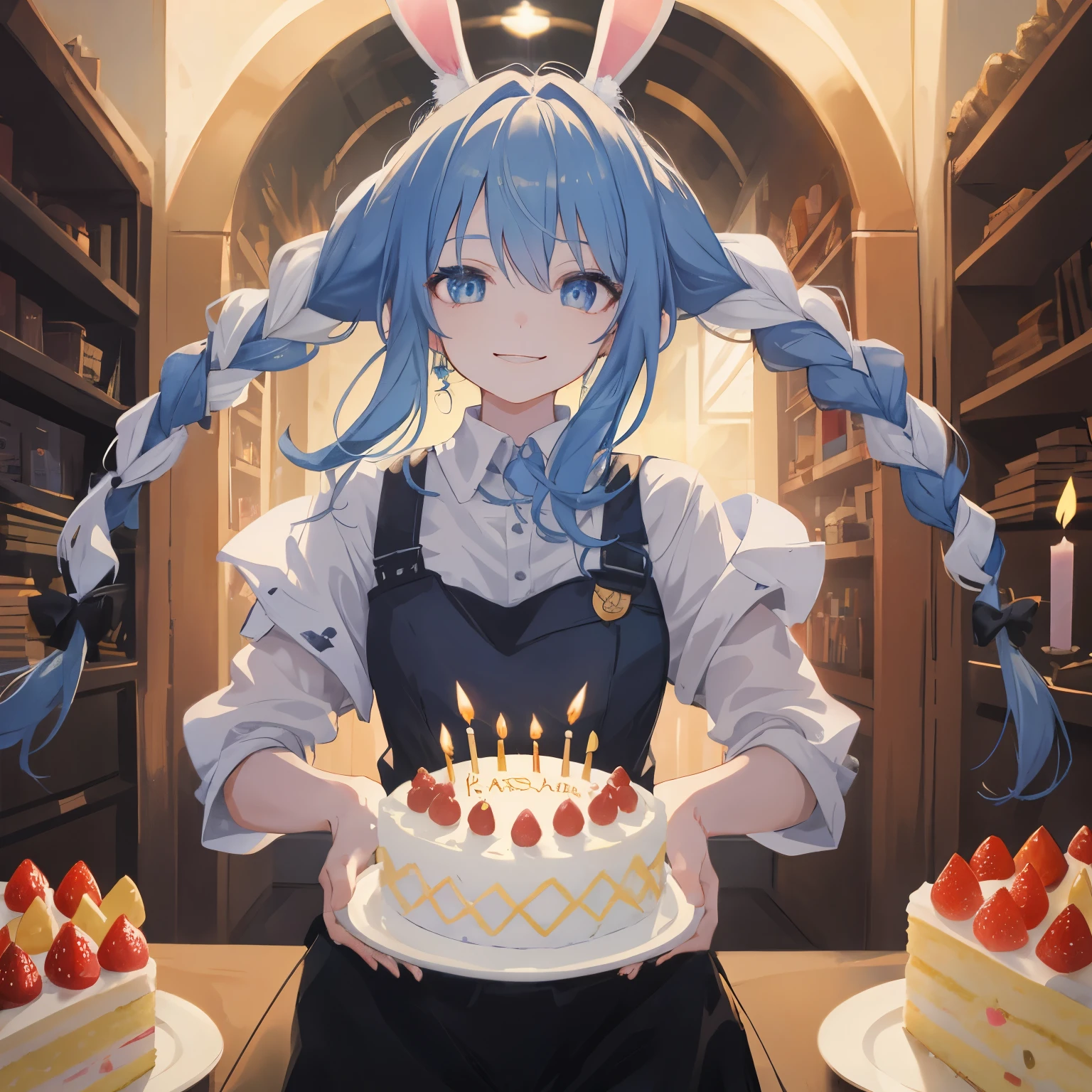 (shape: Used Pecora), Bunny girl, blue hair, twin braids, girl, alone, {{masterpiece}}, highest quality, Highly detailed CG Unity 8K wallpaper, cinematic lighting, Lens flare, beautiful detailed eyes, (smile),cake,(birthday)