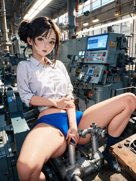 work clothes, (drooping eyes, realistic skin, round face, light-makeup), aerial angle, translucent panties, (straddling to hit her crotch on exposed pipe), open legs, raise leg, masturbation, ecstasy, (in the factory, machines, monitors, control panels), c...
