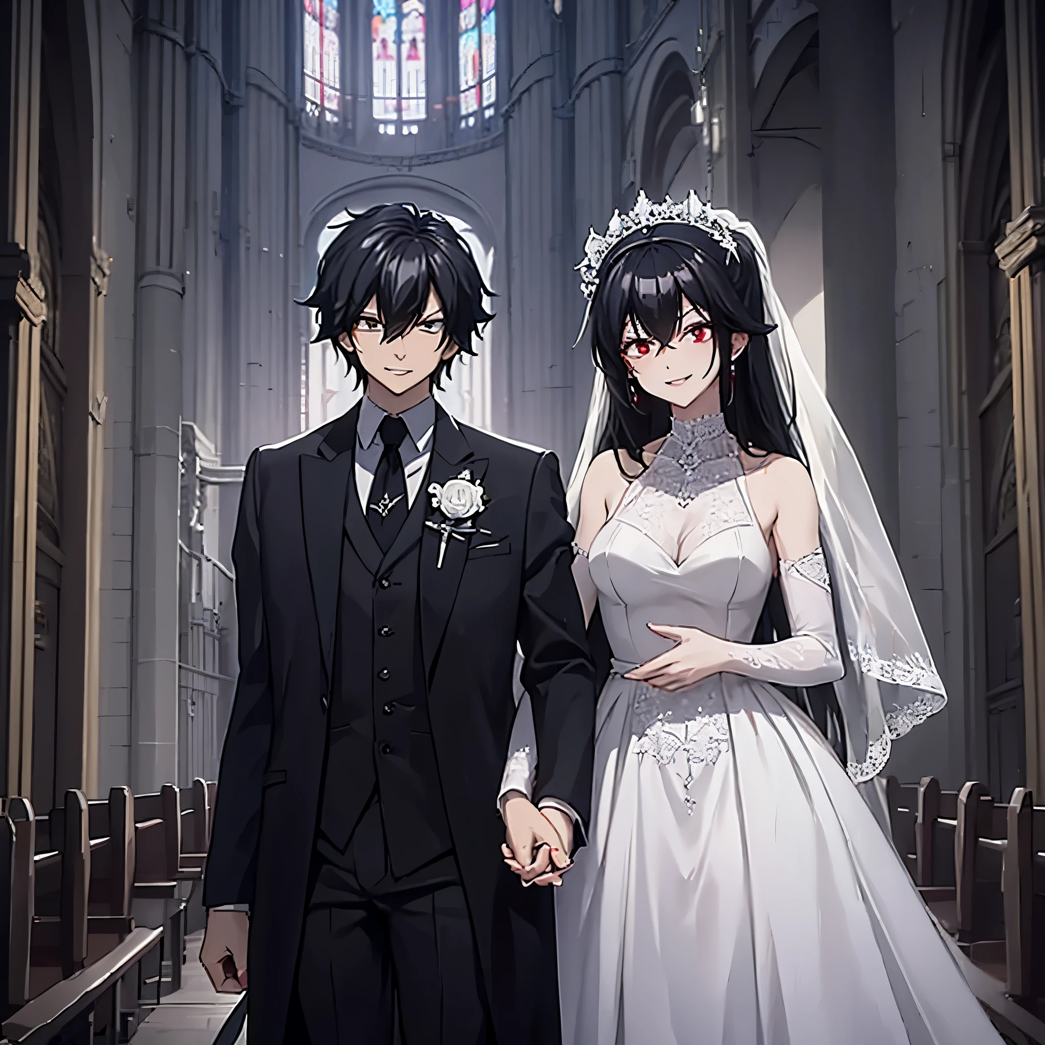 a man in a black suit holding the hand of a woman (eye red) in a white wedding outfit in a church, smiling, perfect features perfect face
