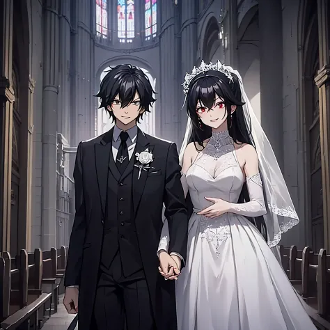 a man in a black suit holding the hand of a woman (eye red) in a white wedding outfit in a church, smiling, perfect features per...