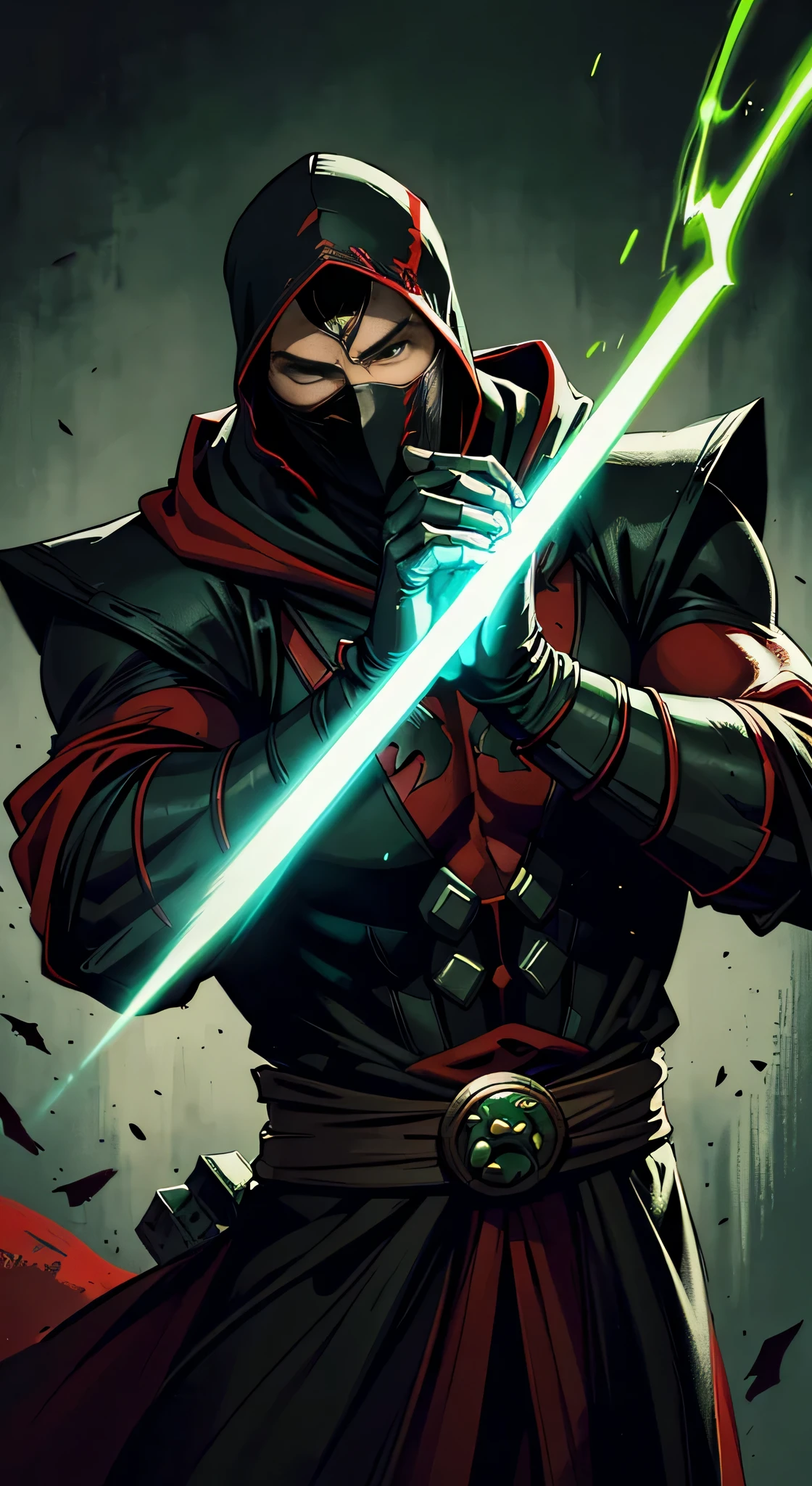 ((Ryan Reynolds)) as Ermac from Mortal Kombat, wearing black-and-red, mummy-like tattered robe adorned with ancient markings, face is obscured by a mask or hood, (glowing green eyes), ((levitating)), intricate, high detail, sharp focus, dramatic, photorealistic painting art by greg rutkowski