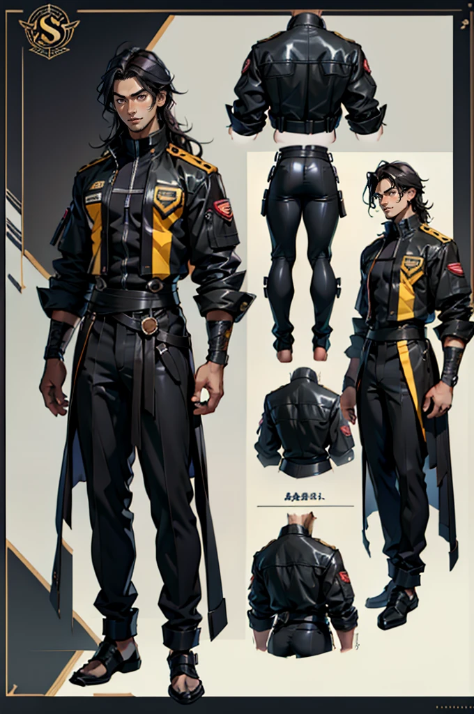 dark skin man, male, black eyes, black hair, short hair, wavy hair, anime style, 4k image, full body, holographic background, Character sheet, Handsome male. Perfect face, 5 ft 5 tall 20's year old man. Black hair. Long hair. Dark Brown eyes. Slim body. Fit male, character design sheet，full bodyesbian, Full of details, body front view, body back view,  Full body, muscle body, Tactical clothes. ((Masterpiece, Highest quality)), Detailed face, character design sheet full bodyesbian, Full of details, frontal body view, back body view, Highly detailed, Depth
