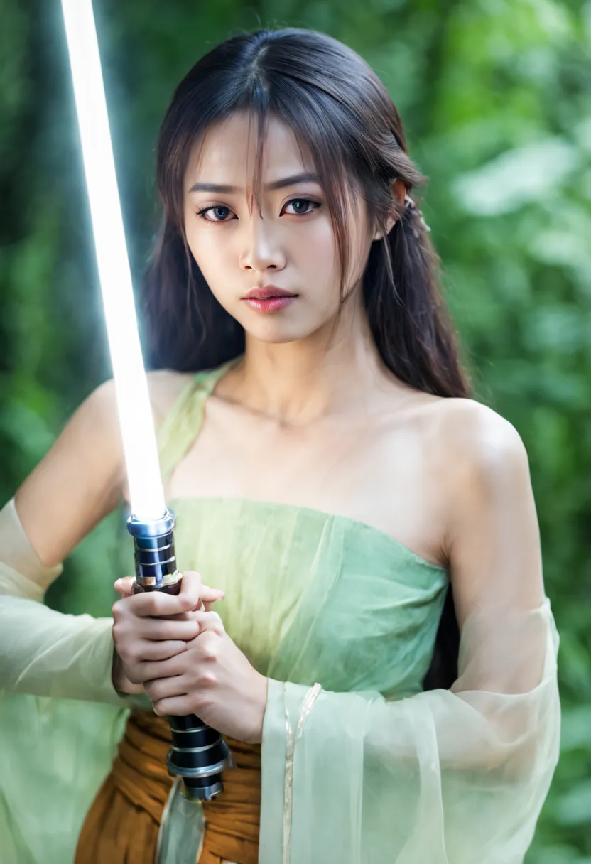 A photo of burmese woman,looking at viewer,holding a lightsaber, jedi robes, burmese traditional dress, 8k,high quality,Star War...