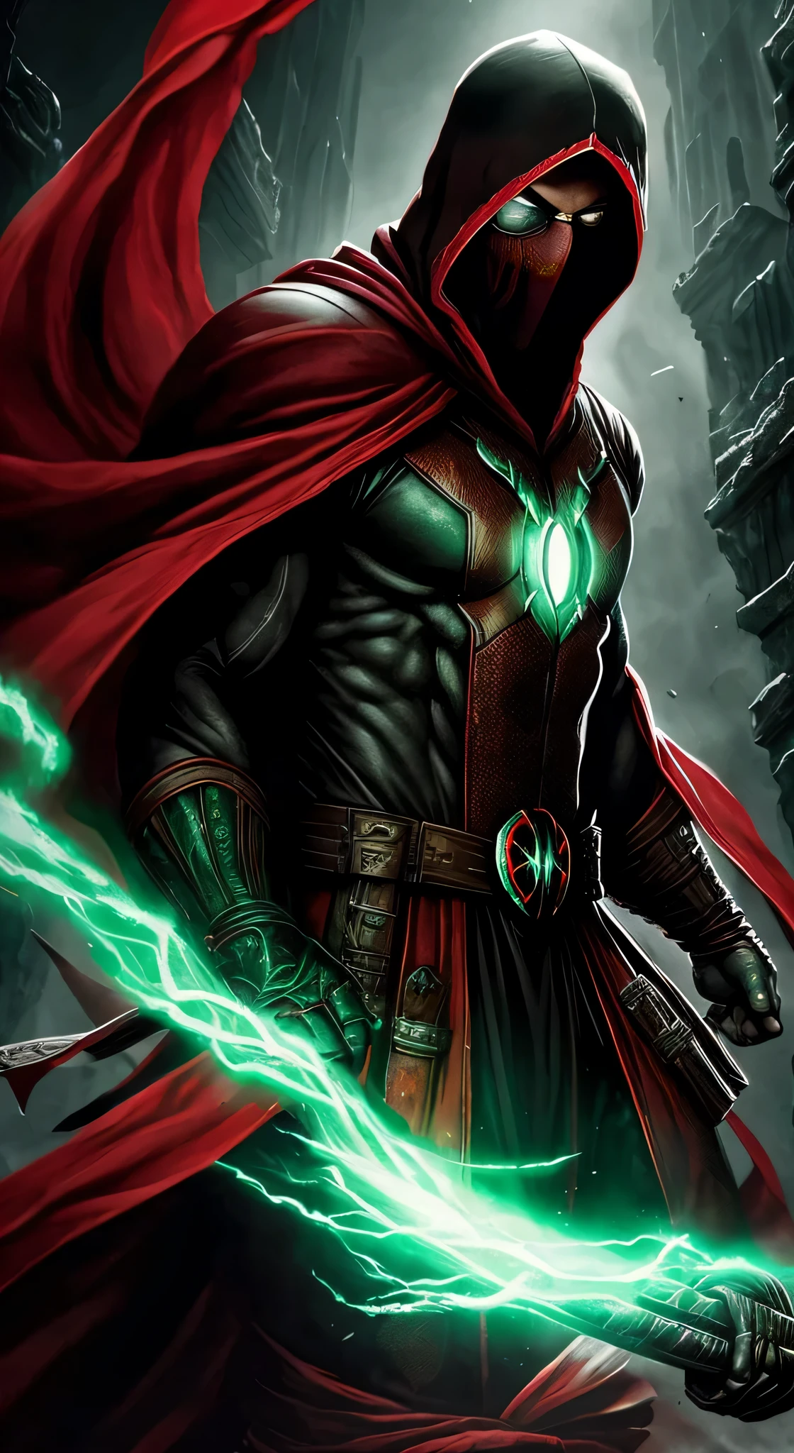 ((Ryan Reynolds)) as Ermac from Mortal Kombat, wearing black-and-red, mummy-like tattered robe adorned with ancient markings, face is obscured by a mask or hood, (glowing green eyes), ((levitating)), intricate, high detail, sharp focus, dramatic, photorealistic painting art by greg rutkowski