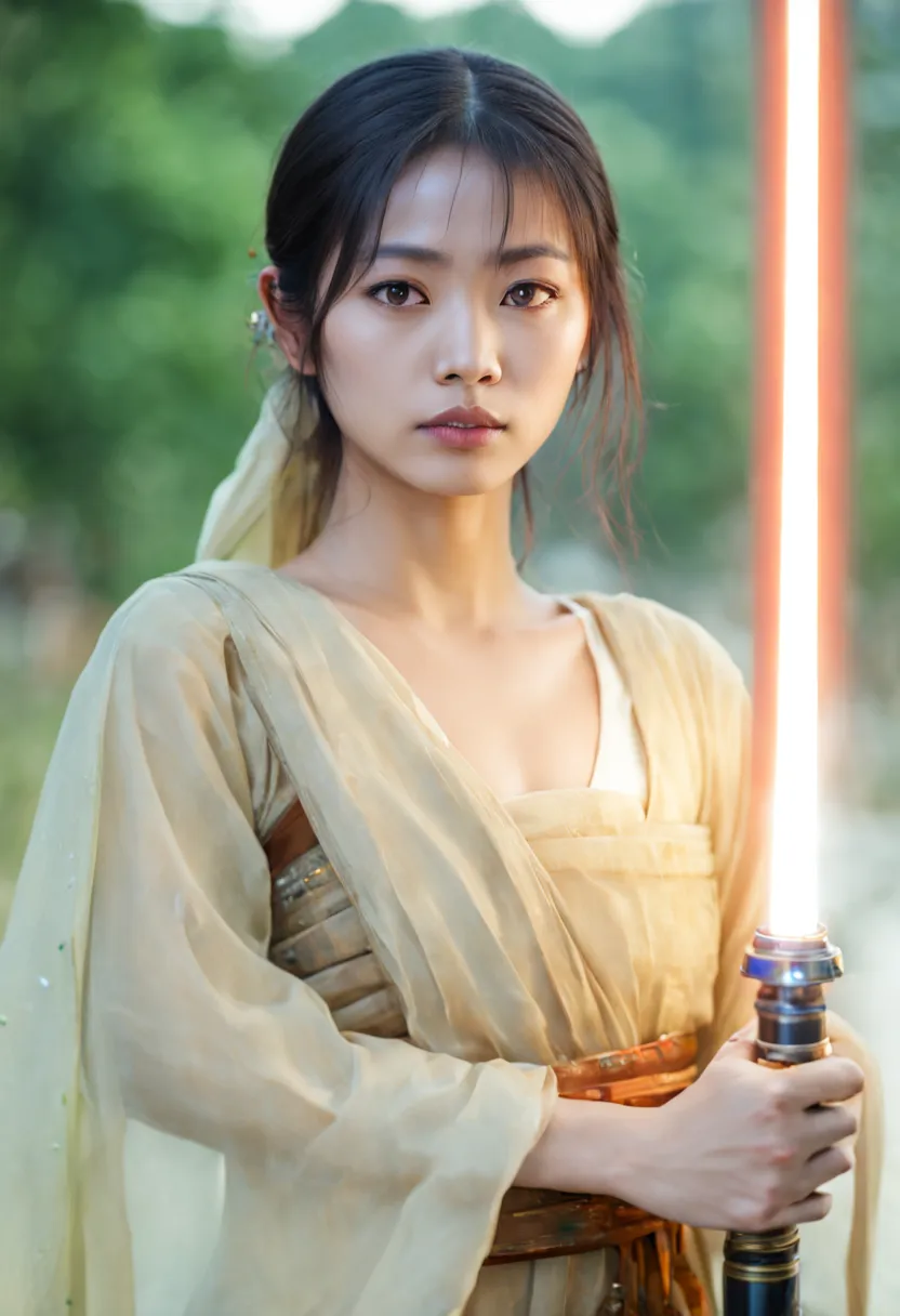 a photo of burmese woman, wearing burmese traditional cloth, looking at viewer,holding a lightsaber, jedi robes, bagan temple ba...