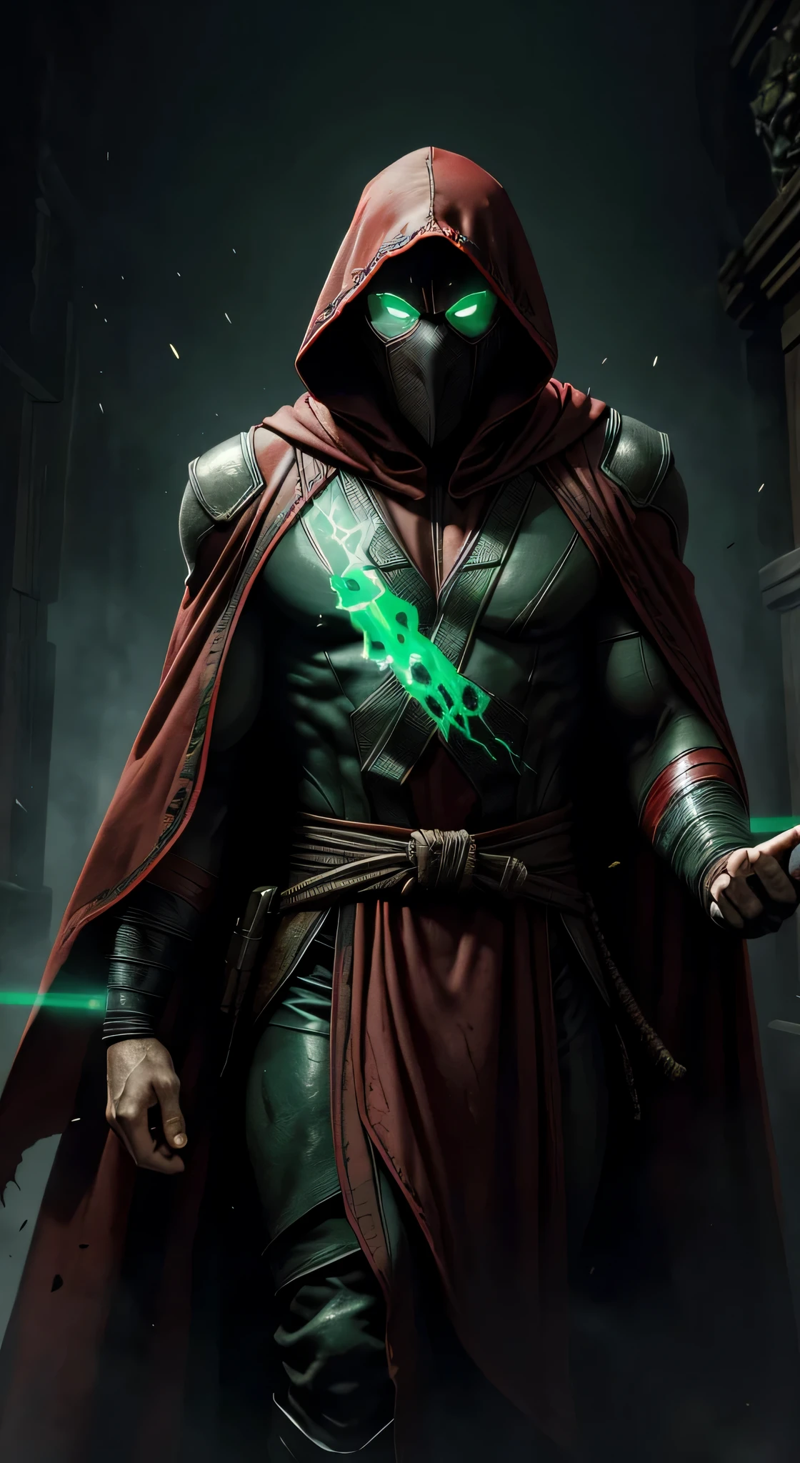 ((Ryan Reynolds)) as Ermac from Mortal Kombat, wearing black-and-red, mummy-like tattered robe adorned with ancient markings, face is obscured by a mask or hood, (glowing green eyes), ((levitating)), intricate, high detail, sharp focus, dramatic, photorealistic painting art by greg rutkowski