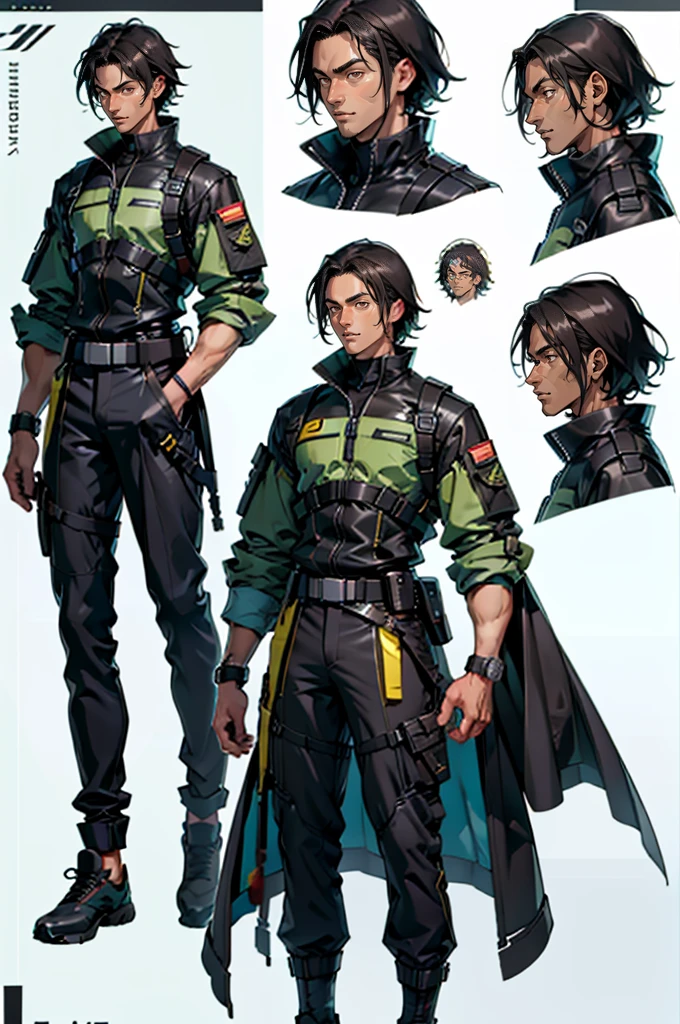 dark skin man, male, black eyes, black hair, short hair, thick wavy hair, anime style, 4k image, full body, holographic background, Character sheet, Handsome male. Perfect face, 5 ft 5 tall 20's year old man. Black hair. Short hair. Dark Brown eyes. Slim body. Fit male, character design sheet，full bodyesbian, Full of details, body front view, body back view, Full body, slim body, brown and green Tactical clothes, Half Masked. ((Masterpiece, Highest quality)), Detailed face, character design sheet full bodyesbian, Full of details, frontal body view, back body view, Highly detailed, Depth