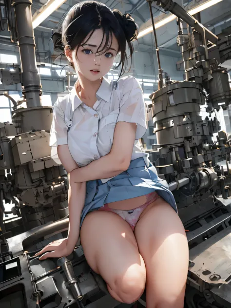 work clothes, (drooping eyes, realistic skin, round face), aerial angle, (translucent panties) and pubic-hair, (straddling to hit her crotch on exposed pipe), open legs, raise leg, masturbation, ecstasy, (in the factory, machines, monitors, control panels)...