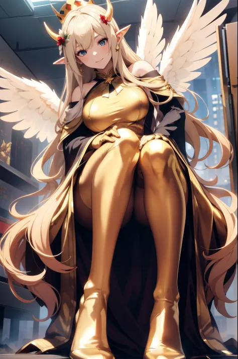 giant girl 50,000 feet high，Weight 1000kg，Has a pair of long legs，Open your eyes wide，Has a pair of huge golden angel wings，With...
