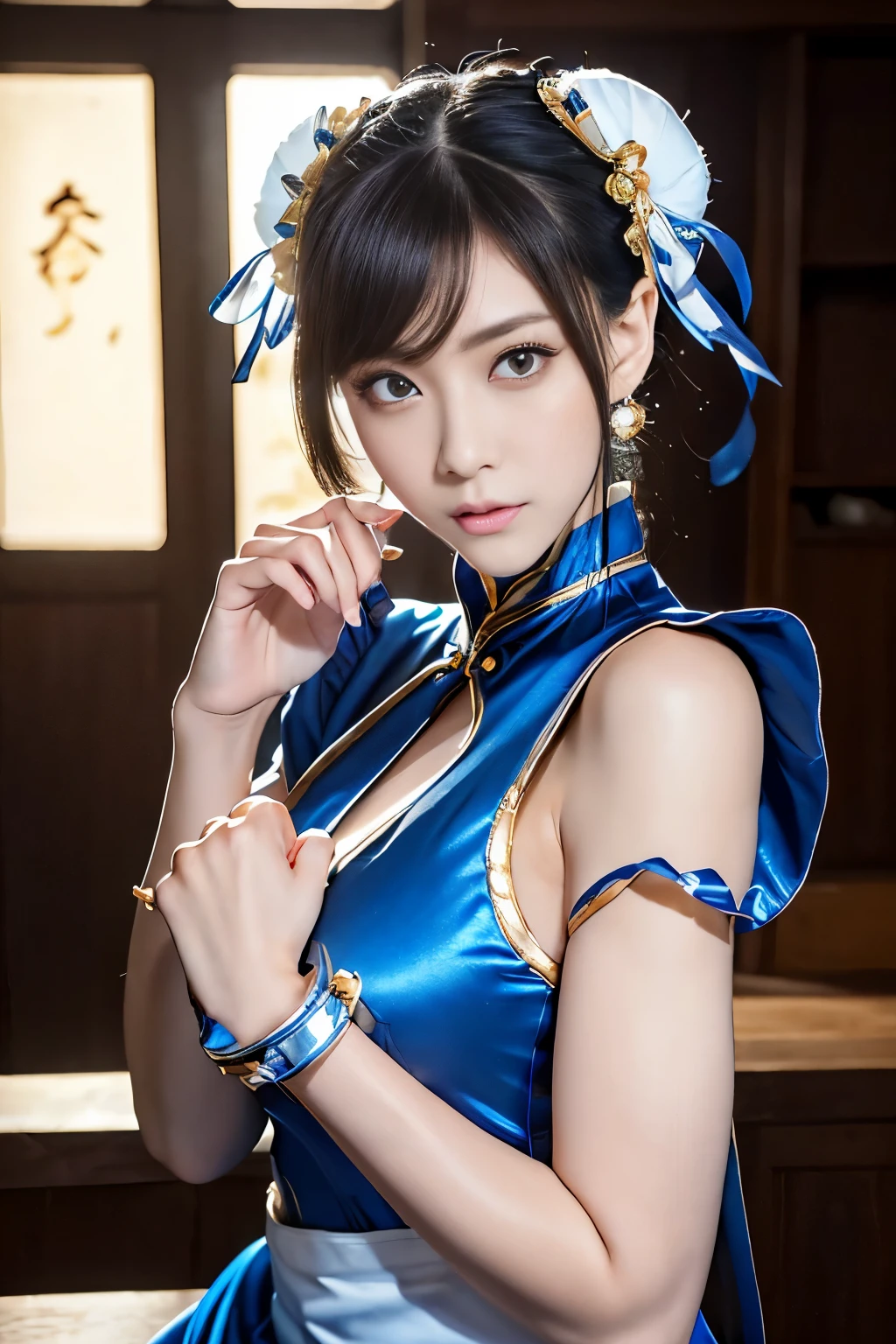 Live-action version of Chun-Li from Street Fighter，RAW photo,,(Blue china clothes、Ｃcup breast)、(Looks like a super realistic photo)、portrait、perfect angle、(professional quality、High resolution)、perfect contrast、perfect lighting、perfect composition、perfect skin、perfect hands、perfect fingers、perfect breasts、perfect fast perfect、A masterpiece that reproduces realistic facial features and hairstyles、White Hair Clip、ribbon)、(supermodel with long legs)、 ((Sexy blue and gold cheongsam、puff sleeves、White band、blue front droop、Sticky Wristband、thigh slit))、((blue front droop))、(cute japanese girl、Face the front and look at the camera、Dark brown hair with wet and shiny)、restaurant、on the road、Light in Eye Ace Perfect、perfect body、perfect fingers、perfect arms、perfect hands、face becomes smaller、double eyelid、Big eyeoney is better than beauty、visible all over、Supermodel with very long legs、teenage、cute、spotless、lip gloss、hair fluttering in the strong wind、Stand facing the front、((Slender and stretched thin pantyhose、shiny pantyhose、white long bootovie lighting、light shines on your face