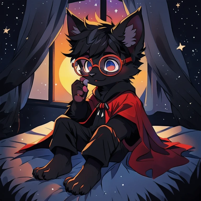 Character (fluffy black fur feline), fur, black, (completely black), (black fur), (black fur), (stars in his fur) (claws on each finger), (black crystal glasses and stars in his glasses with red frame), (dresses in black pajamas with stars) (huge dark cape in which you see space and many stars). (long ears), (starry and tousled black hair looking like galaxies), (sunset colored cape), (long tail and a big fur pompom). Inexpressive (Little boy), (Paws shaped like feet), (Sitting imposingly), (Child's body), (Shows his paws). bed, window, nigh, dark, darknes. stars. (black crystals), shadow, shadows, dark background, darkness, total darkness, (pawpads), cute, child, kid, (black pawpads), (stars on his eyes)
