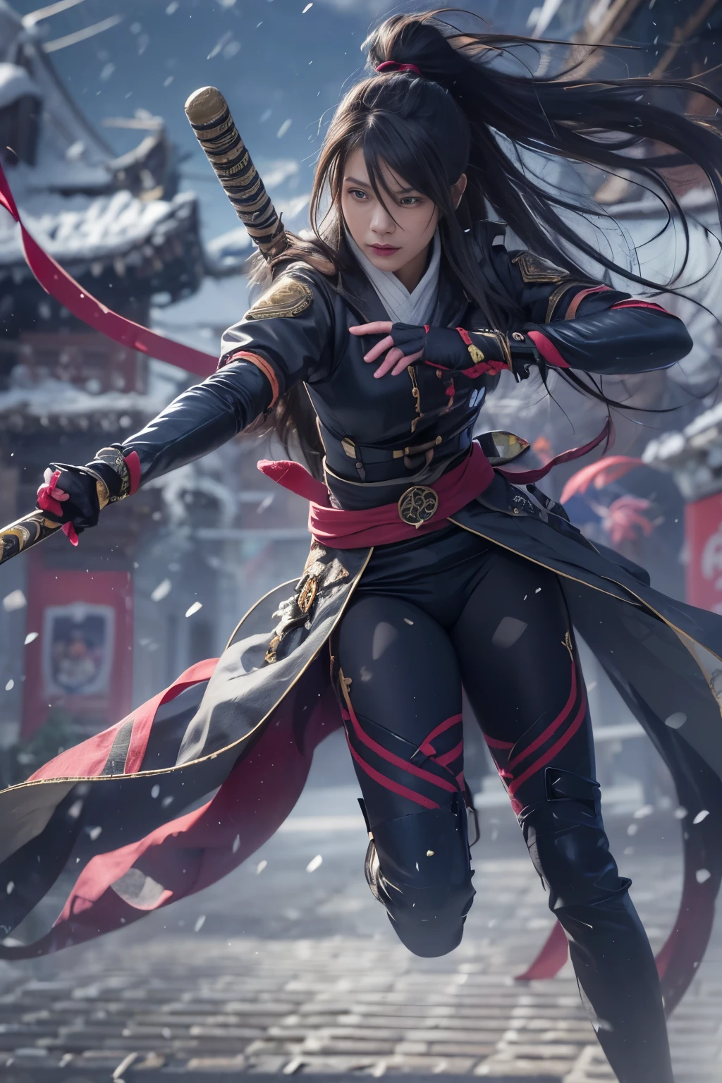 （Masterpiece，Hyper HD）long hair flowing smoothly，castle,siding,  Asian people （female ninja）， （holding sword）， fighting posture， looking at the audience，ponytail  black hair， floating hair,black ninja clothing， （photography：1.4，Snowflakes fluttering， RAW photos， , incredible light