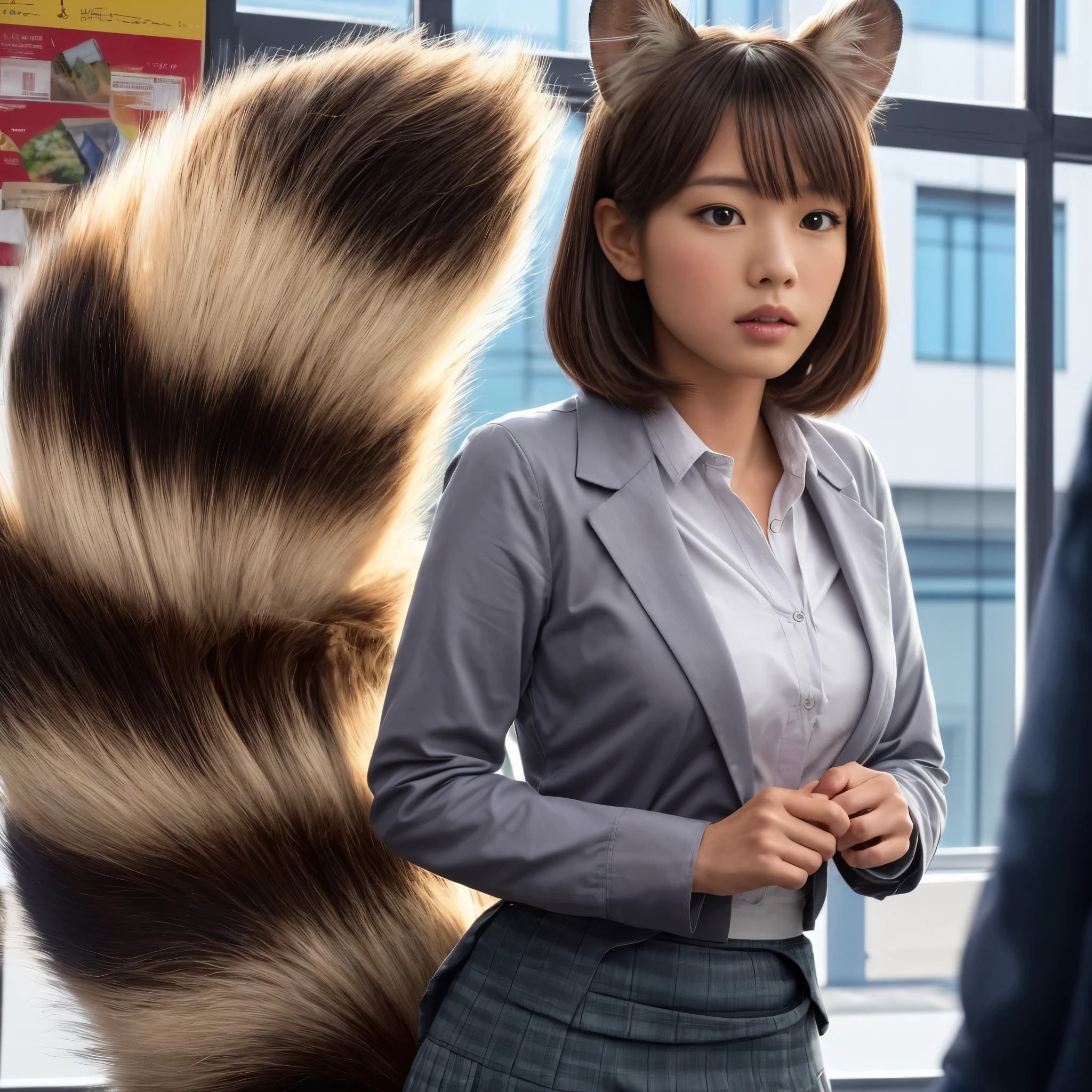 a woman stands with a tanuki tail, (software) safe for work, on pixiv, fur with tail, software version, coworkers, realistic style, , realistic style , two beautiful girls, photograph, 最high quality, (Her skirt is flipped up and her tail is visible.:1.8) ,Reality, small breasts, slender, white panties,tail from above panties, Tail from inside the skirt, bushy tail, realistic tail, flat chest, (software) safe for work, nffsw, retina, muste piece, Accurate, anatomically correct, super detail, advanced details, high quality, 最high quality, High resolution, 1080p, 4k, 8K, The tail is sticking out from inside the skirt, long tail, surprised face
