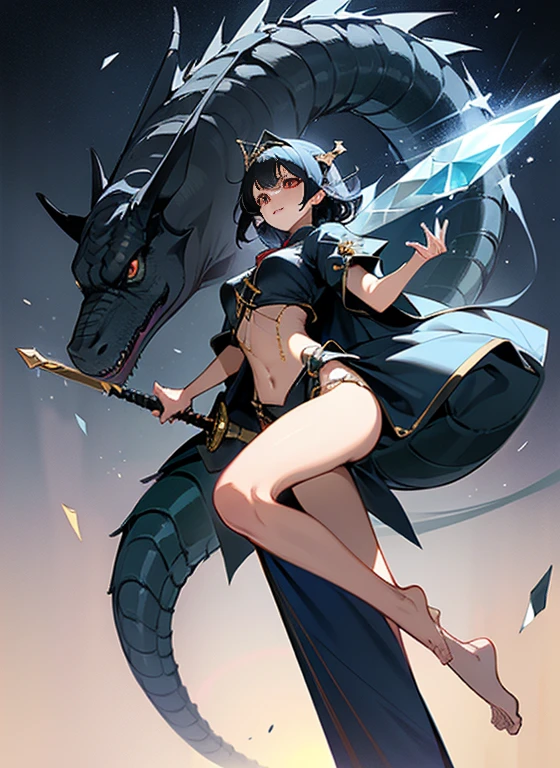 Create high definition 5K 2.5D CGI fantasy artwork featuring a girl dragon、The girl should be depicted in a frontal pose with a serious expression, Bright blue eyes, highly detailed facial features. she is wearing a cloak, Small black armor with high contrast shine, toned abdominal muscles、toned thighs、long legs、Protected by armor from the toes to the knees、her hair needs to be rendered in a very realistic way. In the background is a ruined castle, Set against a night sky filled with bright stars. Enhance fantasy elements、The huge body of the dragon has large symmetrical wings.。((The background of the princess is a dragon, castle, and starry sky.))、(((The princess holds a strong, shining, transparent crystal sword in her hand.)、the princess has a dragon at her side))、
moreover, This artwork should embody the detailed anime art style, Similar to Artgerm&#39;s ArtStation and Pixiv works. A girl should be depicted as a dragon queen in an anime fantasy world, Combines elements of both anime and fantasy art, Big blue eyes、The dragon protects the princess from behind、looking at the enemy with a sharp gaze、((A dragon with a short black body, red eyes and thick tail is clearly visible in the background))、