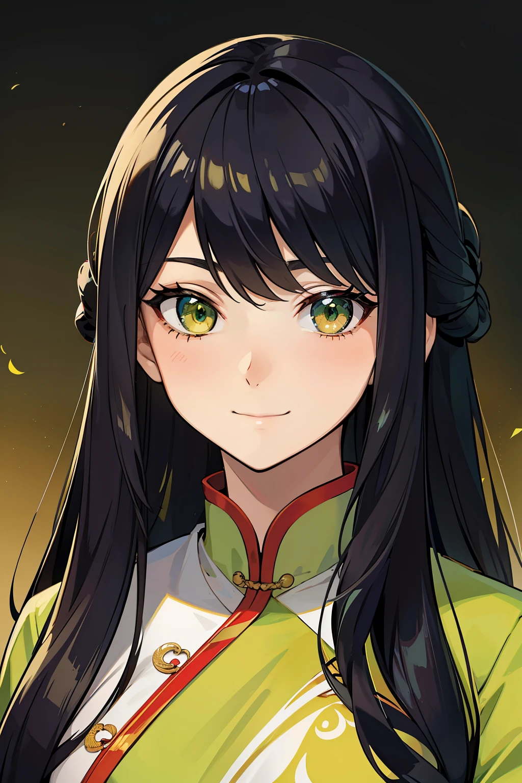 (high-quality, breathtaking),(expressive eyes, perfect face) portrait, 1girl, female, solo, adult woman, age late 20's, black hair, green yellow eye color, long hair length, soft wavy hair, gentle smile, loose hair, side bangs, looking at viewer, portrait, happy expression, fantasy clothing, elegant, mature, height 5"6, Chinese attire, eastern oriental clothes, Ruan Mei
