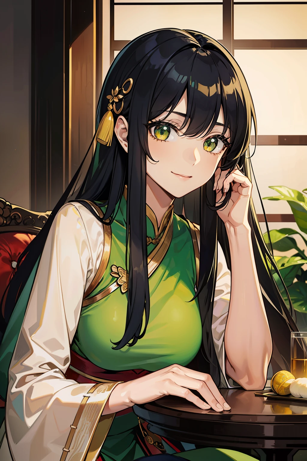 (high-quality, breathtaking),(expressive eyes, perfect face) portrait, 1girl, female, solo, adult woman, age late 20's, black hair, green yellow eye color, long hair length, soft wavy hair, gentle smile, loose hair, side bangs, looking at viewer, portrait, happy expression, fantasy clothing, elegant, mature, height 5"6, Chinese attire, eastern oriental clothes, Ruan Mei, Ting Yun, Jing Liu
