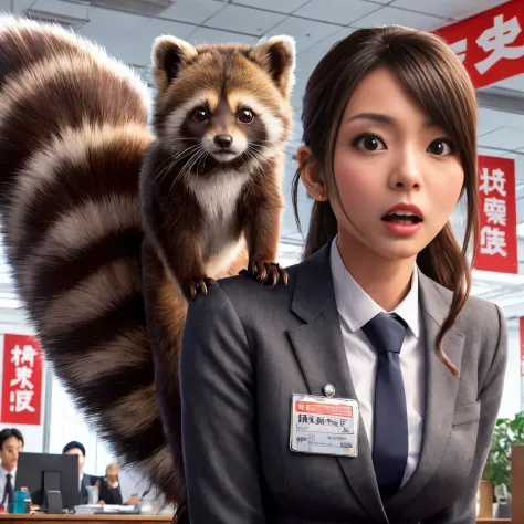 a woman stands with a tanuki tail, (software) safe for work, on pixiv, fur with tail, software version, coworkers, realistic sty...