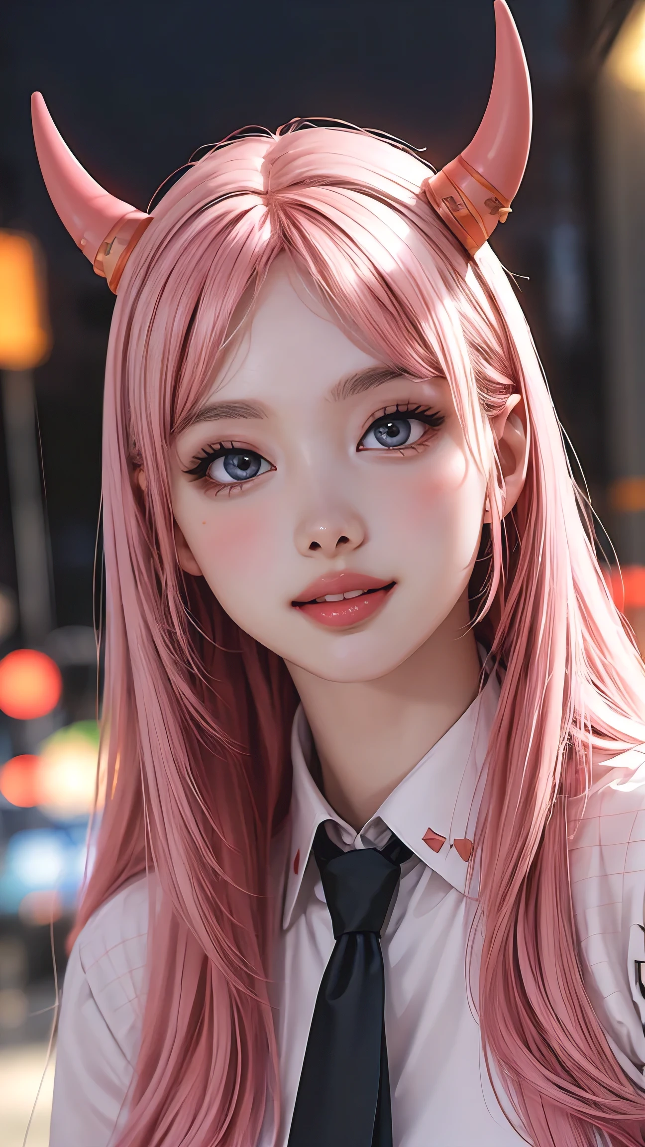 1girl, long pink hair, red horns, white collared shirt, black necktie, light smile, yellow eyes, corneo_power,, buildings,shops,town streets, dark sky, scenery,neon signs,night city, japanese lyrics,, , absurdres, detailed eyes, extremely detailed, volumetric lighting, realistic, realistic lighting, 8k, cinematic lighting, depth of field, perfect, hyper-detailed, photorealistic, ultra realistic, realistic light, hard lighting, intricate details, stop motion, tonemapping, sharp focus, hyper detailed,