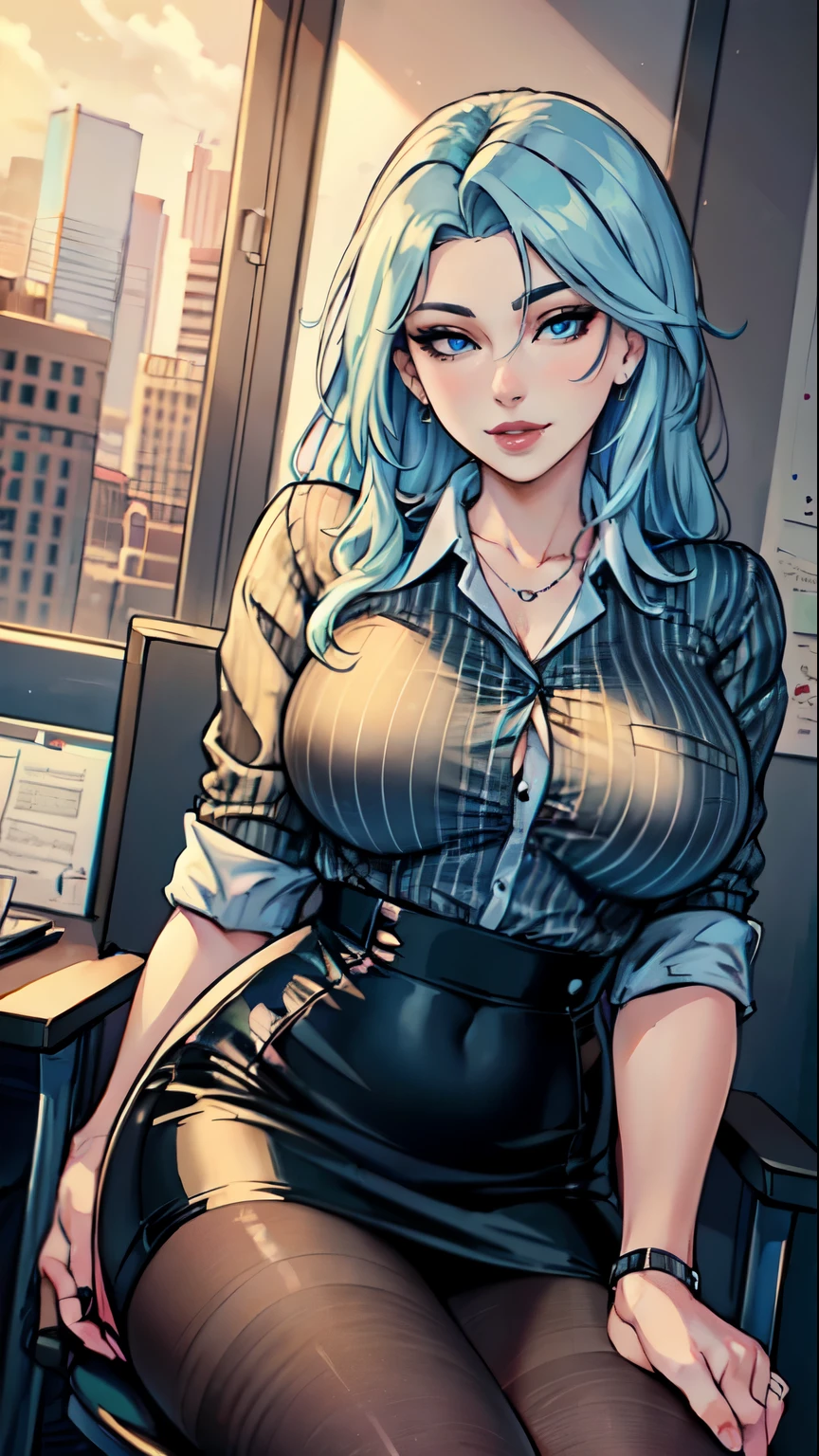Masterpiece, raw,  beautiful art, professional artist, 8k, art style by sciamano240, very detailed face, very detailed hair, 1 mature woman, perfectly drawn body, beautiful face, long hair, light blue hair , very detailed blue eyes, pouty lips , rosey cheeks, intricate details in eyes, playful smile, looking directly at viewer , in love with viewer expression, wedding ring , lipstick, summer downtown setting, very close up on face, wearing classy business suit, black pinstripe shirt, short pencil skirt, high heel shoes, sitting on a office chair,