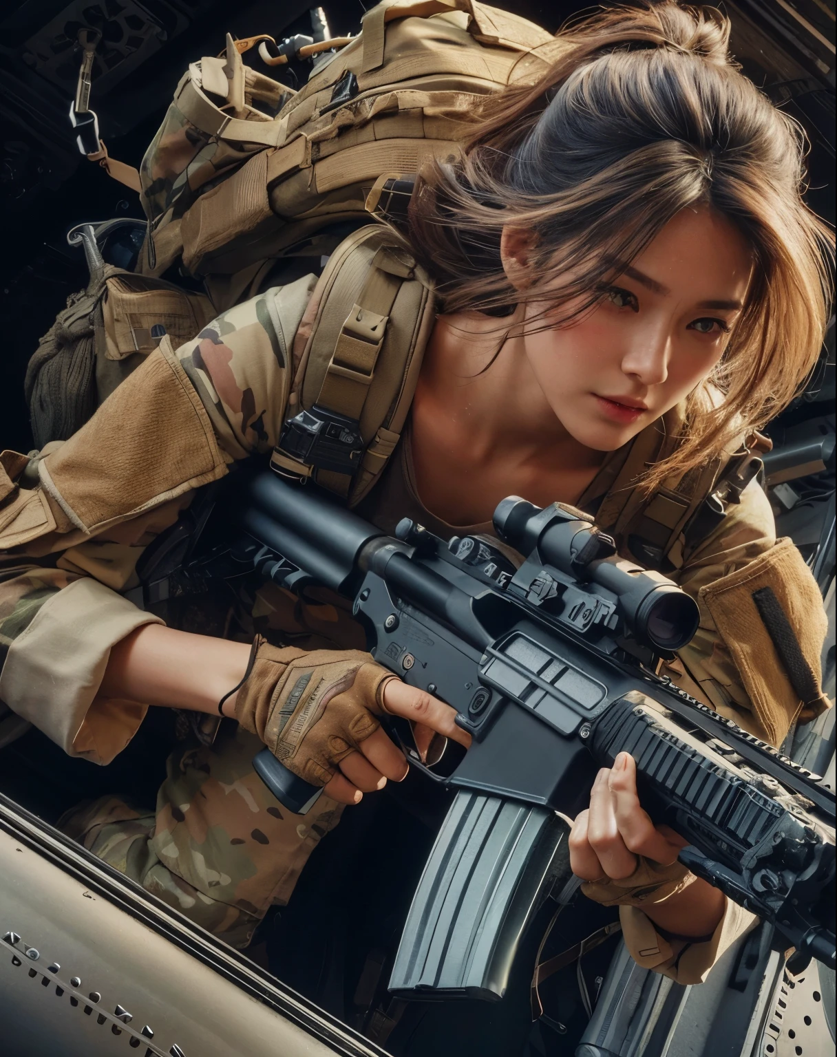 A woman in military gear holding a rifle and looking out of a vehicle ...