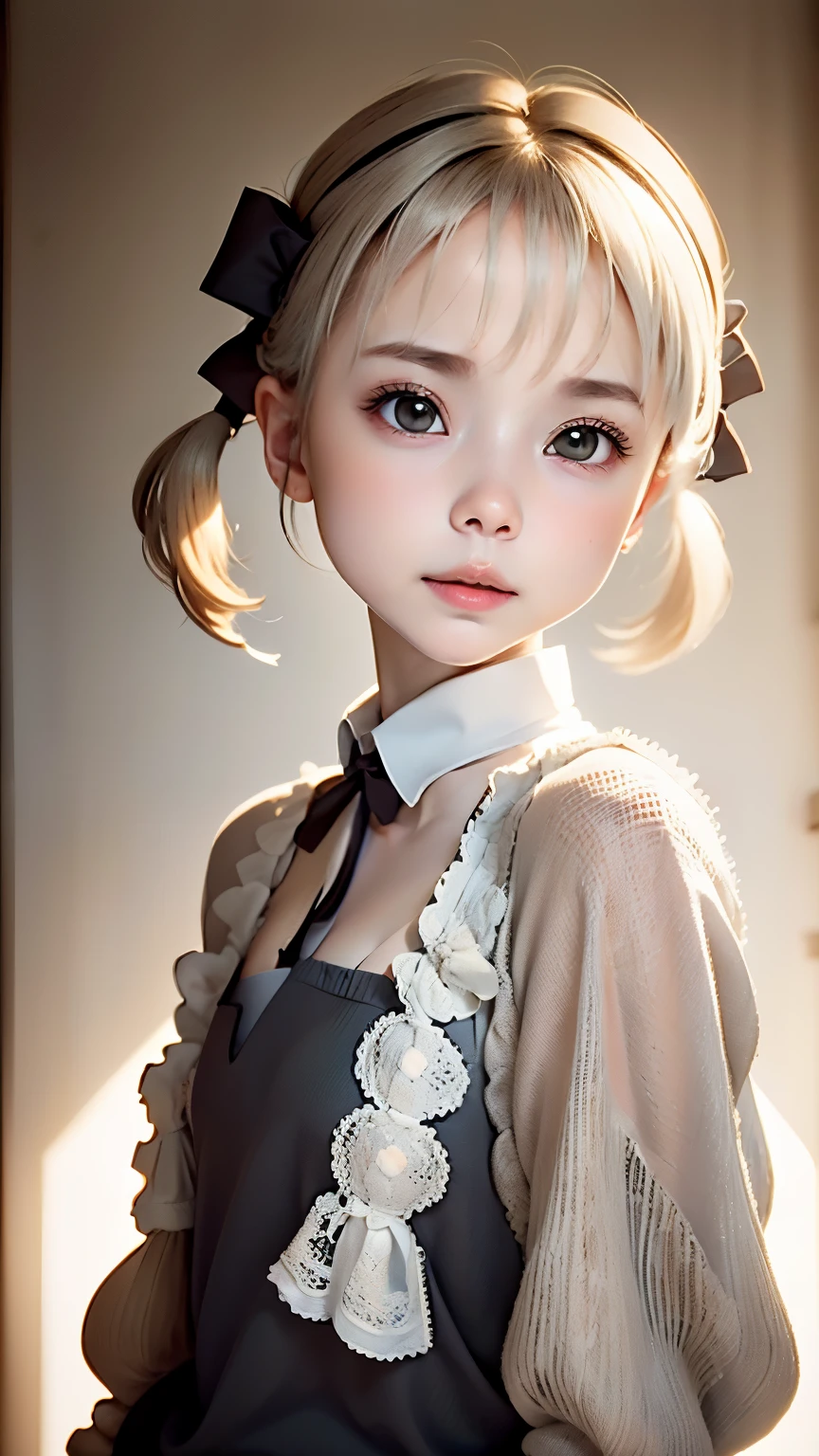portrait、masterpiece:1.3、one girl、Upper body、Upper body、baby face、natural look、very cute、charming eyes、small breasts、platinum blonde hair、shortcut、短いtwin tails:1.3、twin tails、plump lips、no makeup、luxury shirt with lace、black shirt、RAW photo、最high quality、High resolution、Super detailed、high quality、Detailed details、８ｋ、(((blurred background、gray walls、gray background、White world、studio:1.5、cinematic lighting、professional photographer)))